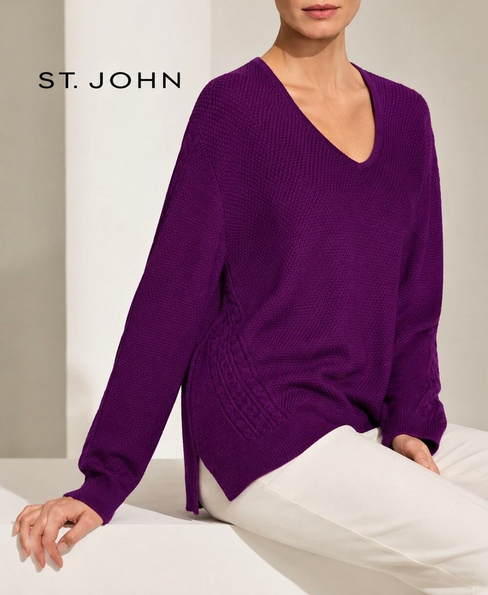 St. John Wool Fuschia V-Neck Sweater Minimalist Quiet Capsule Luxury Size XL